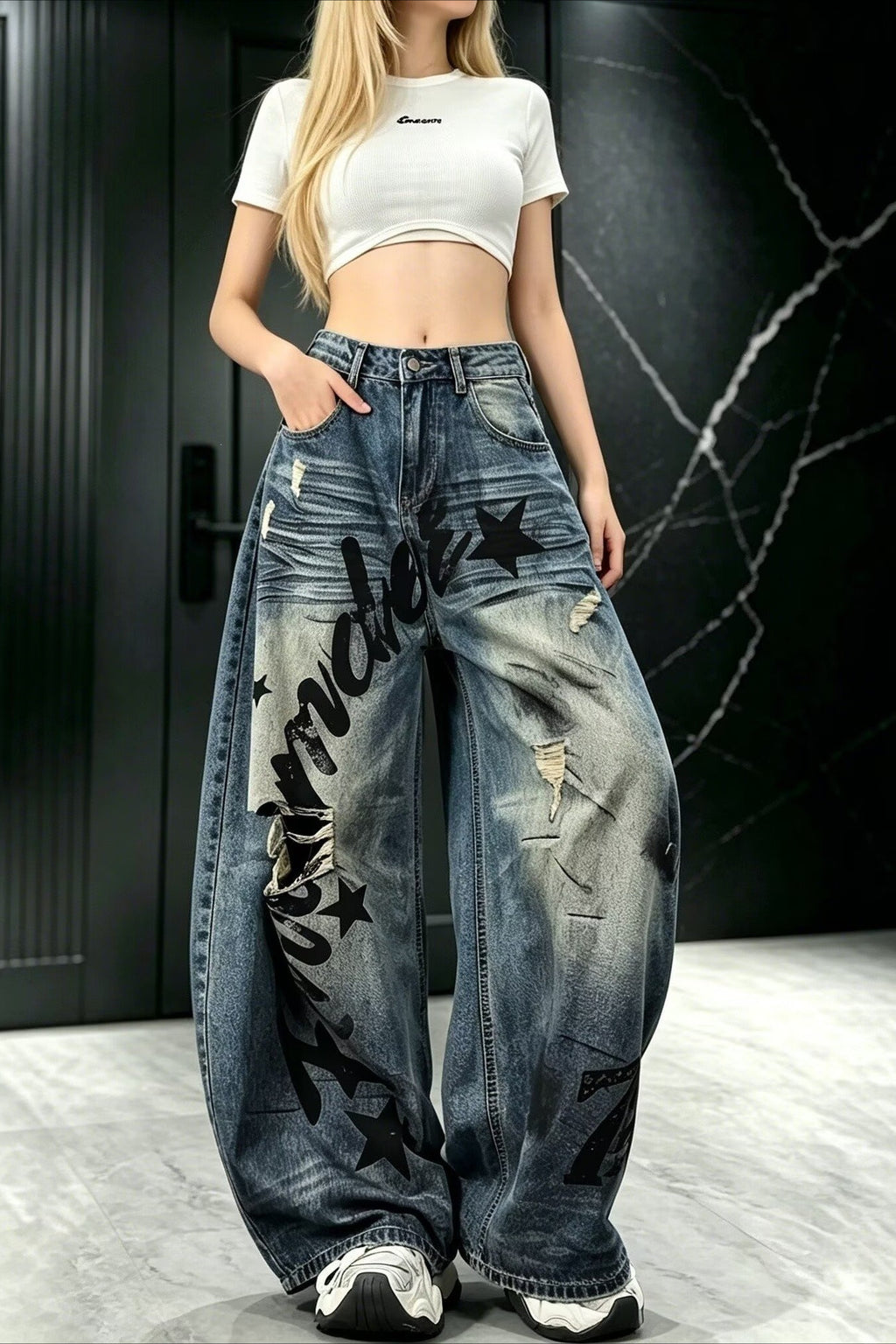 Distressed Letter Print Baggy Streetwear Jeans