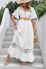 Solid Color V Neck Lace Paneled Chic Boho Dress