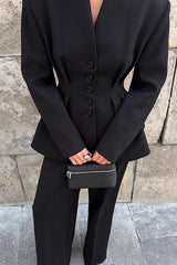 Black V-Neck Ruched Waist Blazer