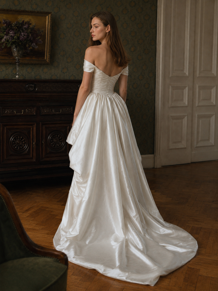 Satin Off Shoulder High Low Reception Dress Secondary image