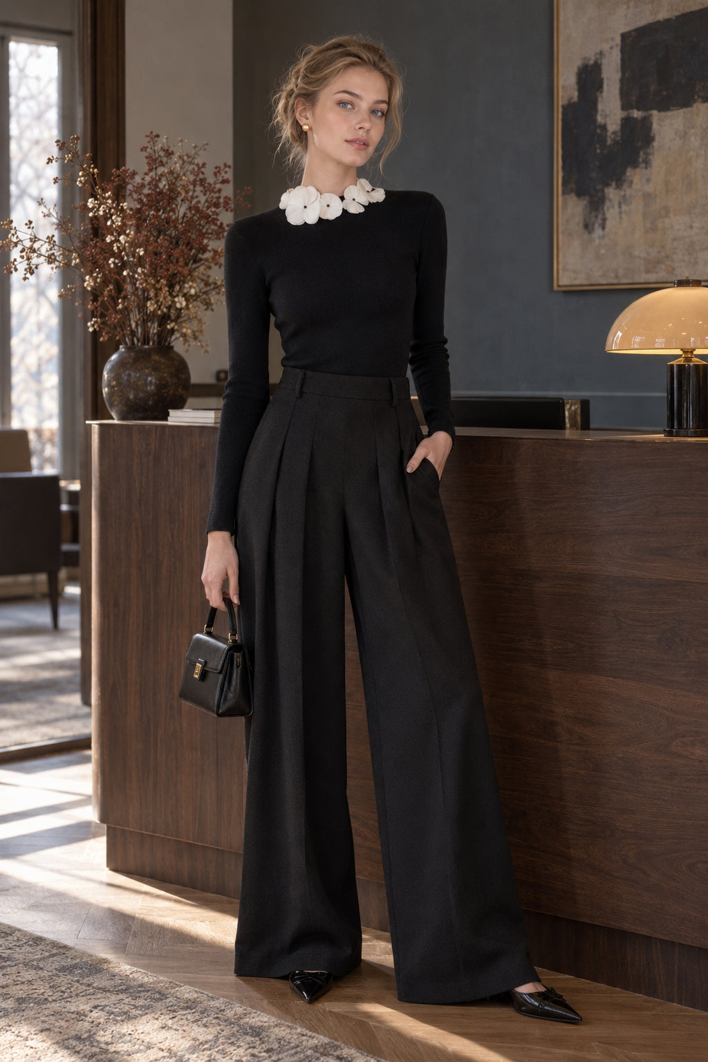 Solid Long Sleeve Floral Knit Top