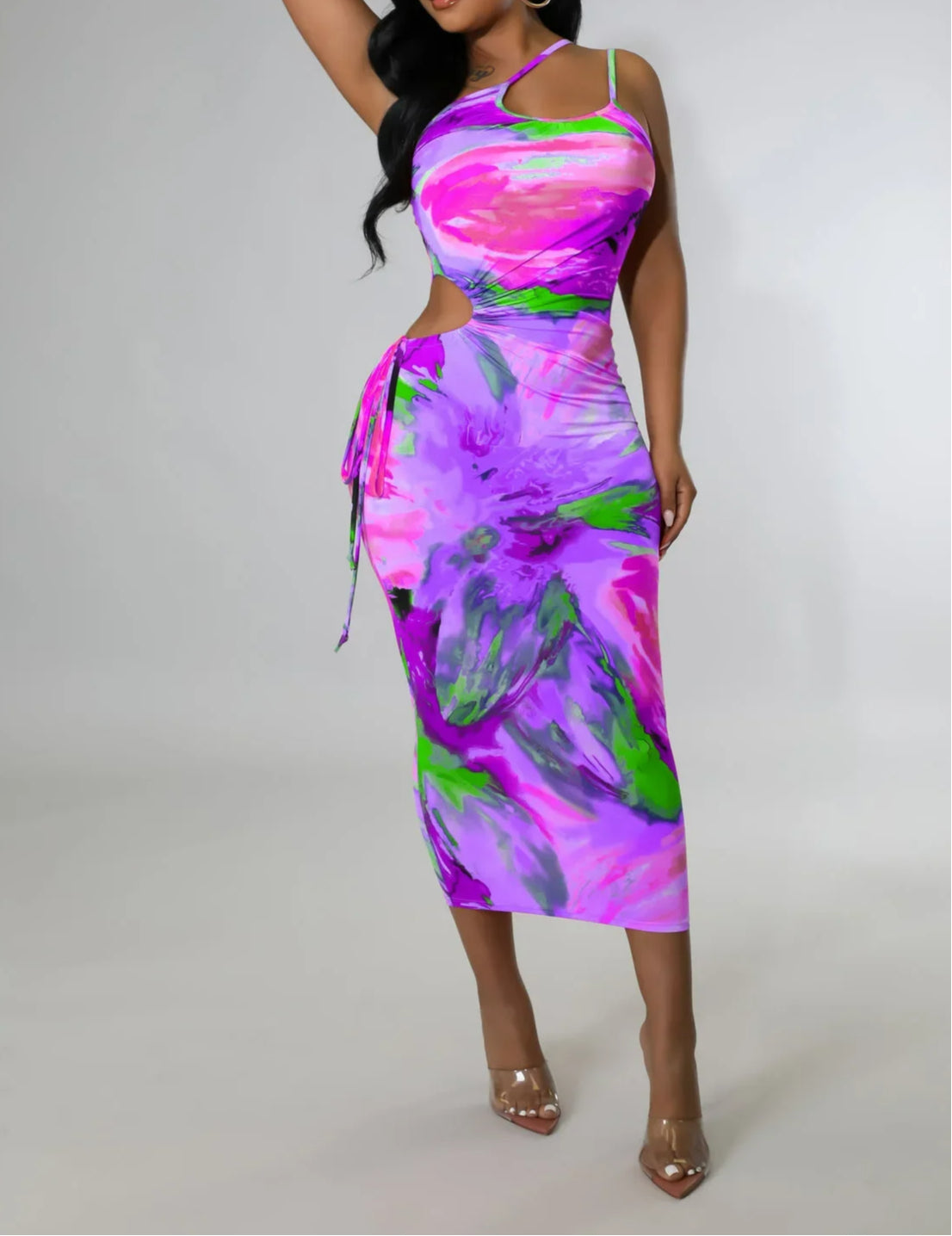 Tie Dye Spaghetti Strap Skew Neck Midi Dress Main image