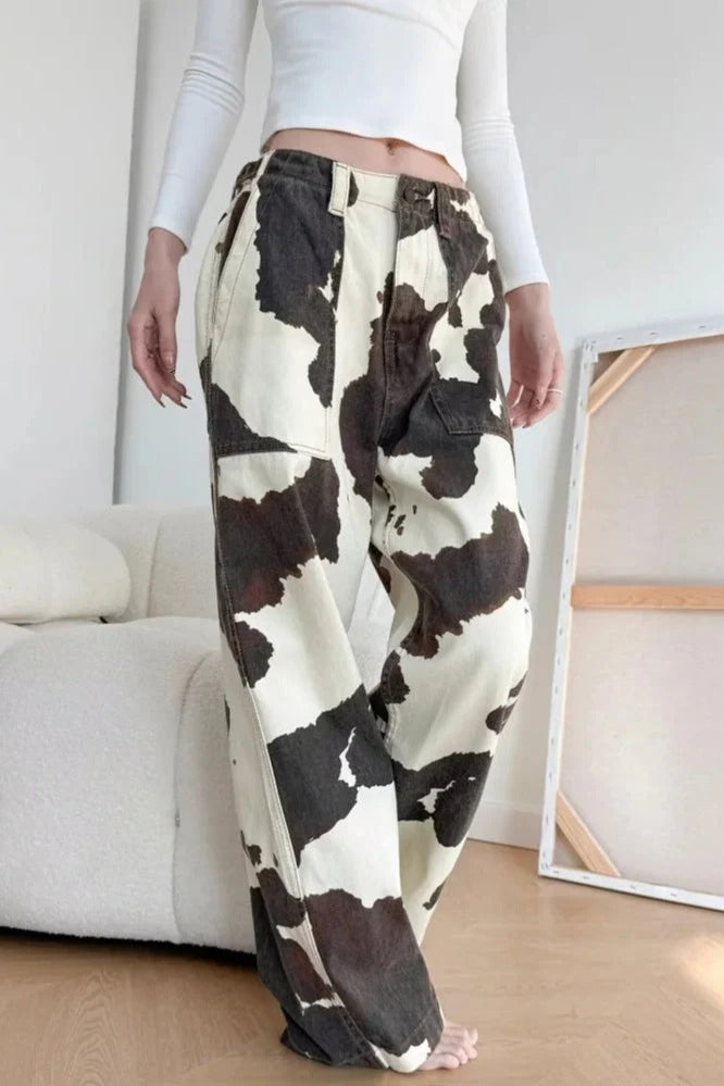 Baggy Cow Pattern Wide Leg Jeans Main image