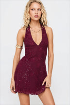 Lace Halter Tie Back Bodycon Mini Party Dress