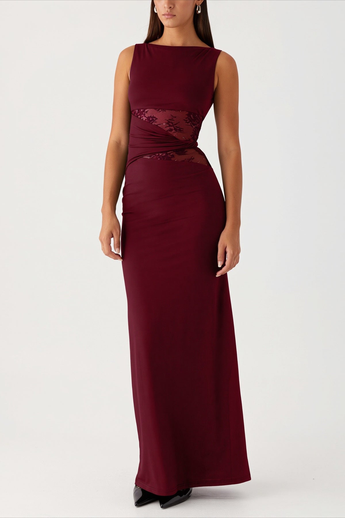 Elegant Draped Lace Panel Midi Dress
