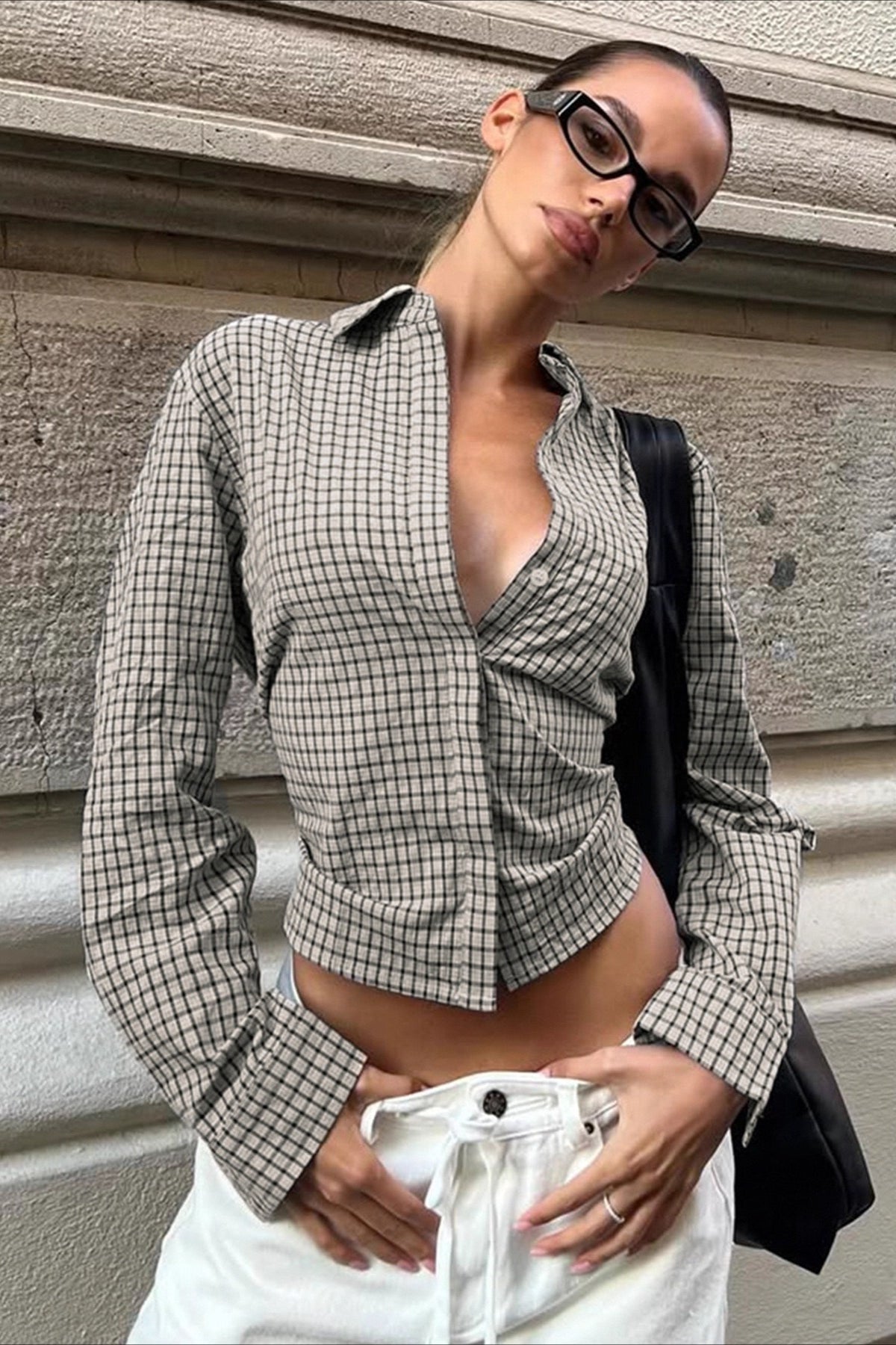 Retro Checkered Belted Blouse Main image