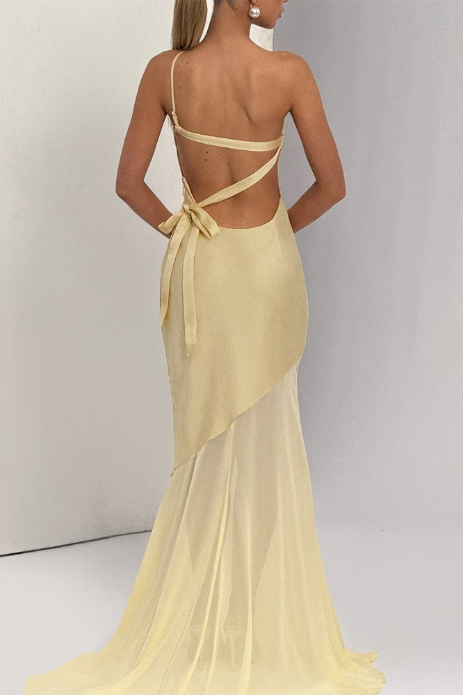 Asymmetric Backless Sheer Paneled Solid Formal Dress Secondary image