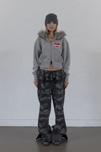 Rhinestone Cross Faux Fur Zip Front Hoodie