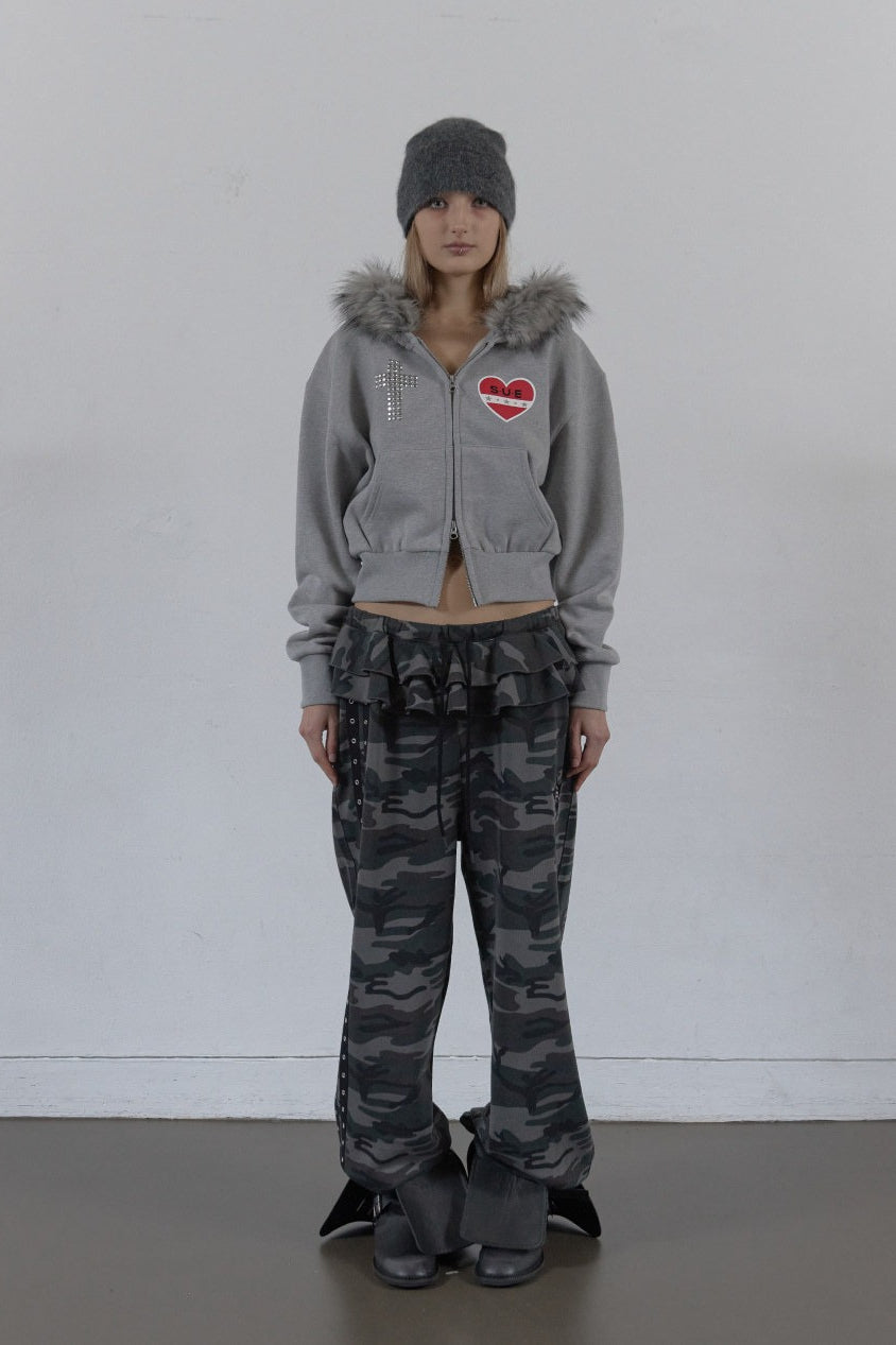 Rhinestone Cross Faux Fur Zip Front Hoodie