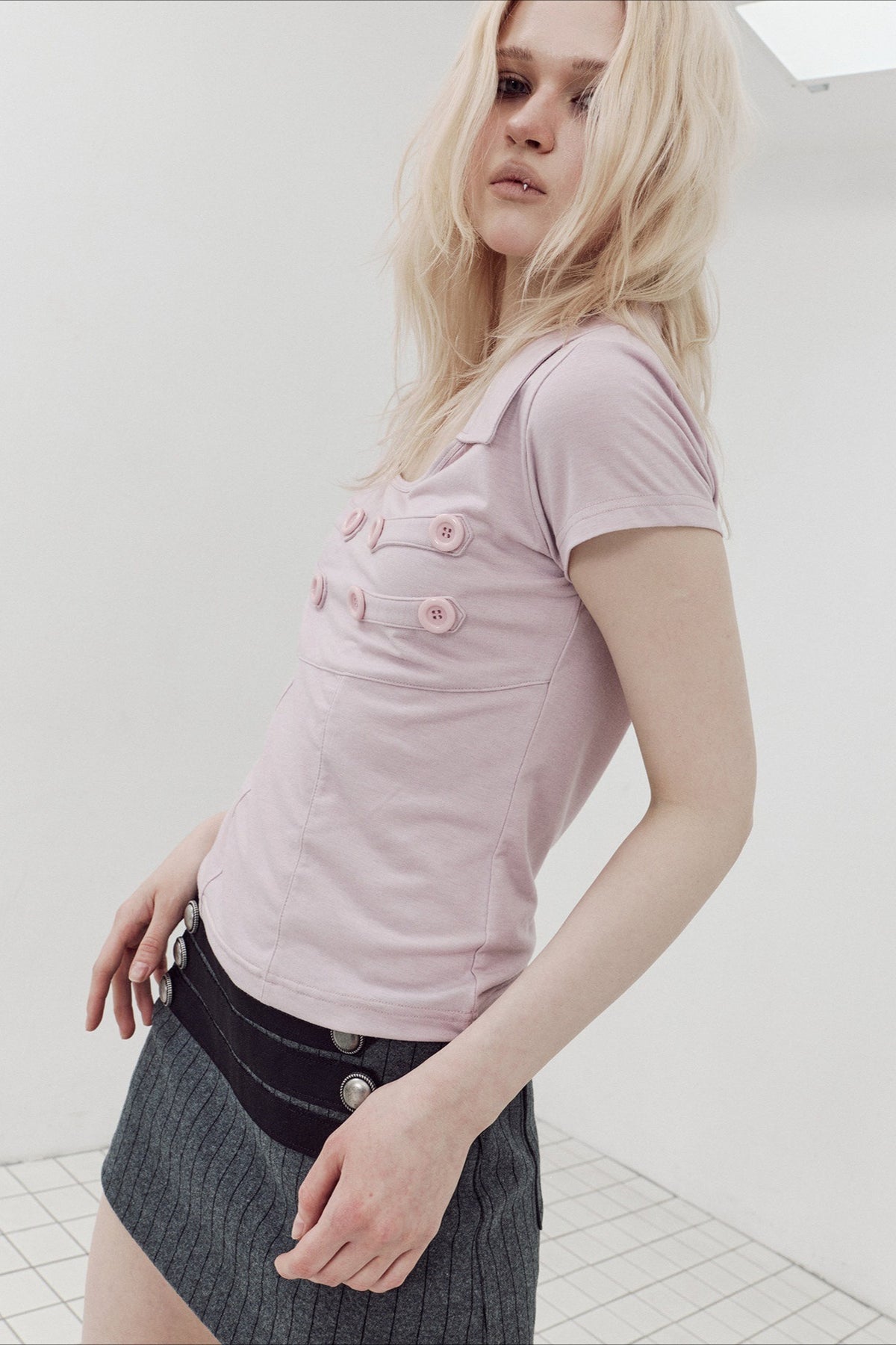 Double Breasted Collared Fitted Short Sleeve T-Shirt