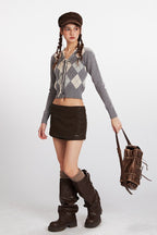 Argyle Cropped V Neck Cardigan