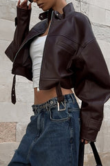 Retro Moto Stand Collar Zip Leather Jacket