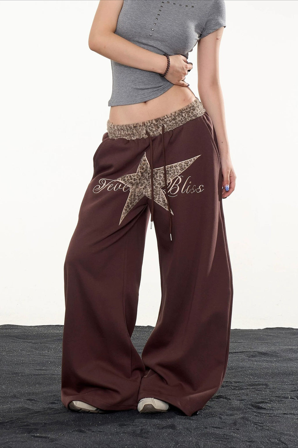 Star Leopard Embroidered Wide Leg Pants