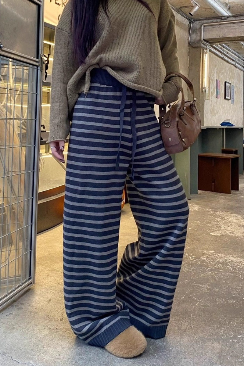 Striped Knitted Fleece High Waist Wide Leg Pants Secondary image