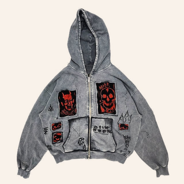 Heavy Washed Demon Print Hoodie Main image