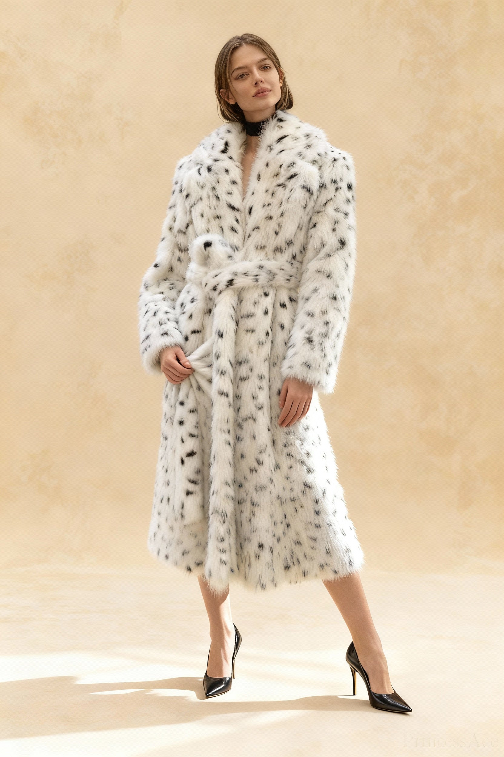 leopard print Warm Faux Fox Fur Notched Collar Loose Overcoat Main image