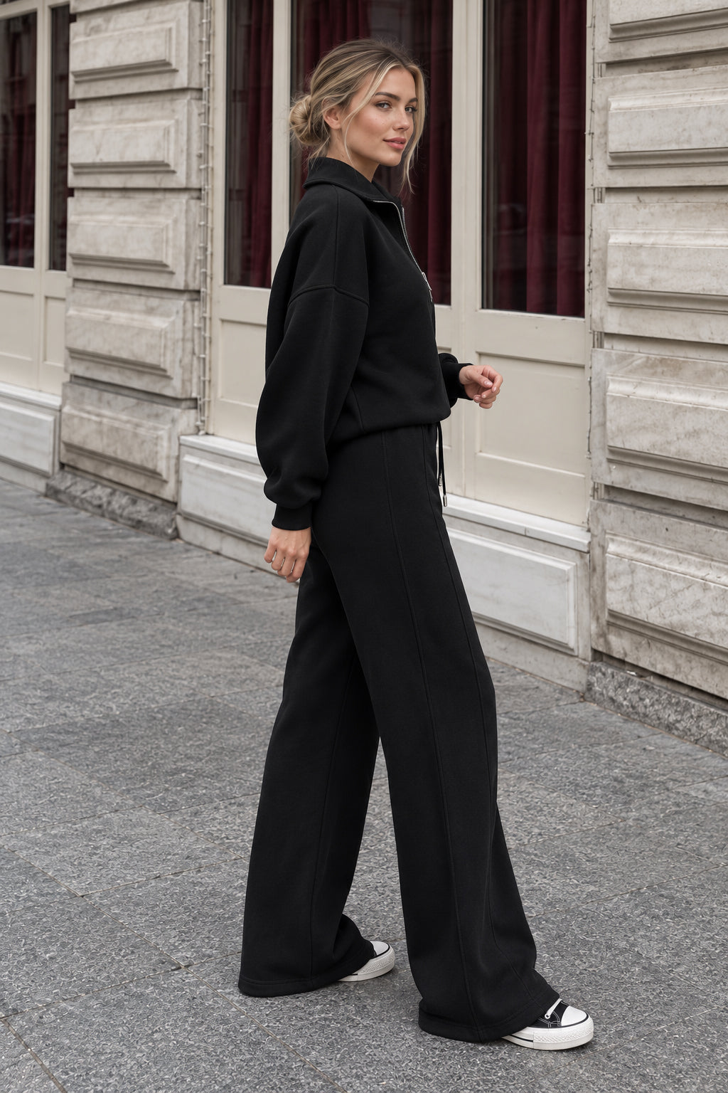 Half Zip Sweatshirt Wide Leg Pants Set