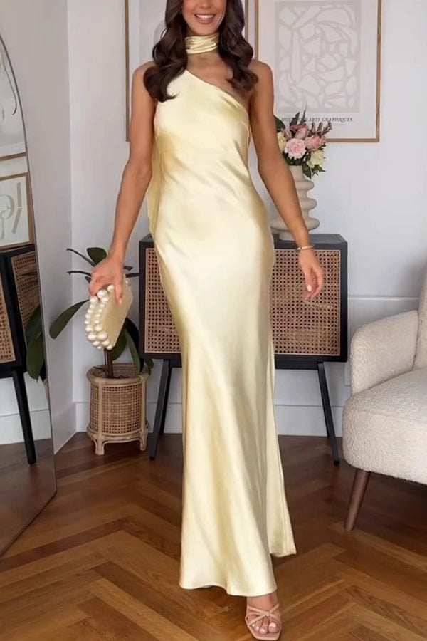 Asymmetrical Shoulder Tie Sleeveless Slim Solid Formal Dress Main image