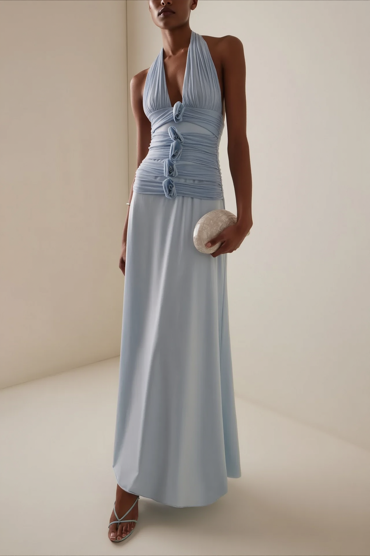 Elegant Blue Halter Deep V Backless Slit 3D Floral Party Dress Secondary image