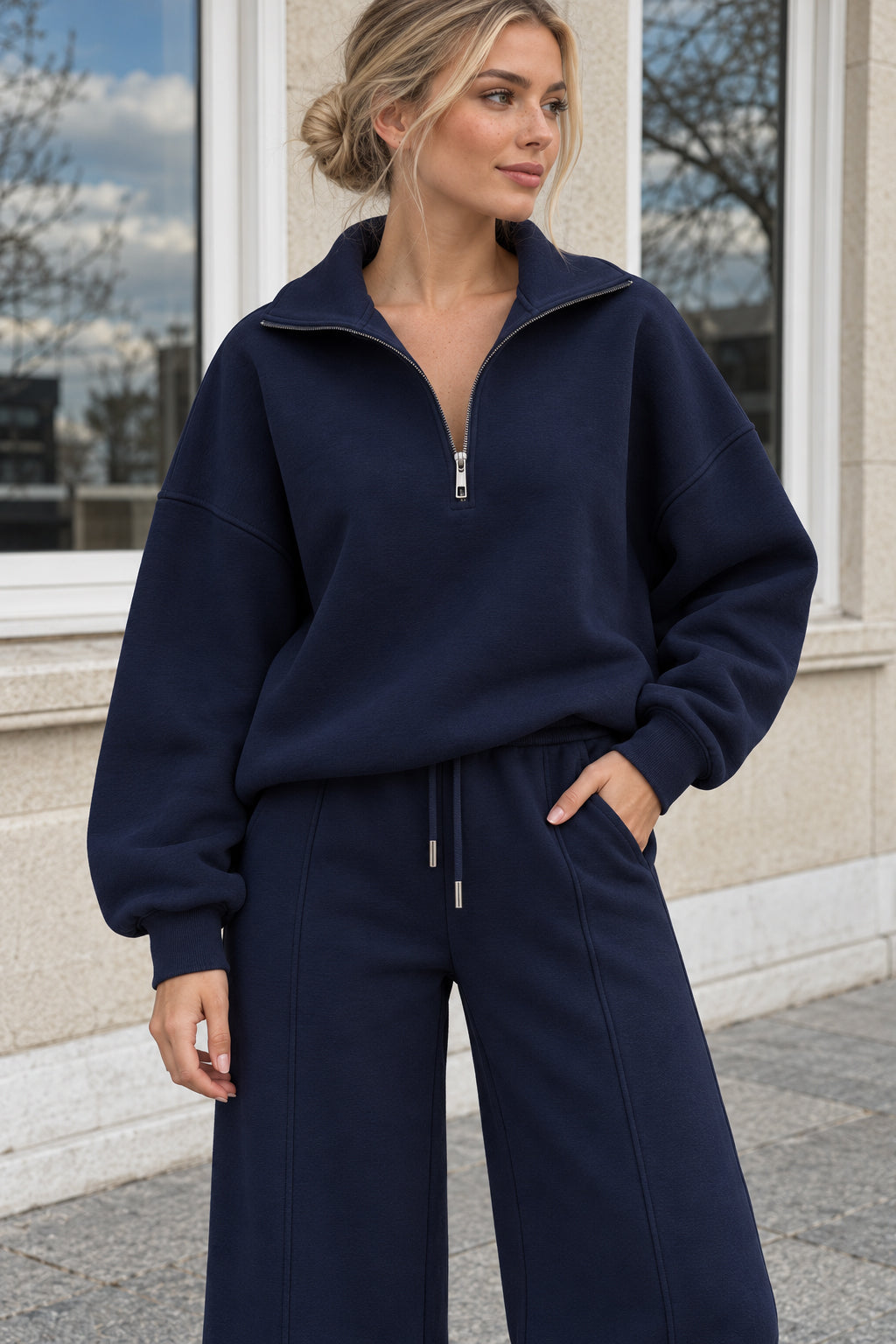 Half Zip Sweatshirt Wide Leg Pants Set