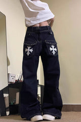 Vintage Washed Cross Print Bootcut Wide Leg Plus Size Jeans
