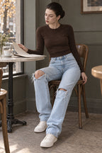 Distressed Light-Wash Straight Jeans