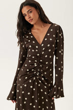 Polka Dot V Neck Bell Sleeve Midi Dress