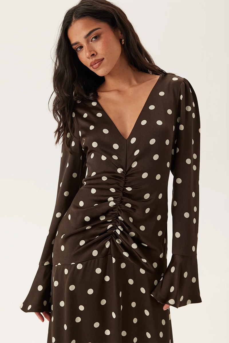 Polka Dot V Neck Bell Sleeve Midi Dress
