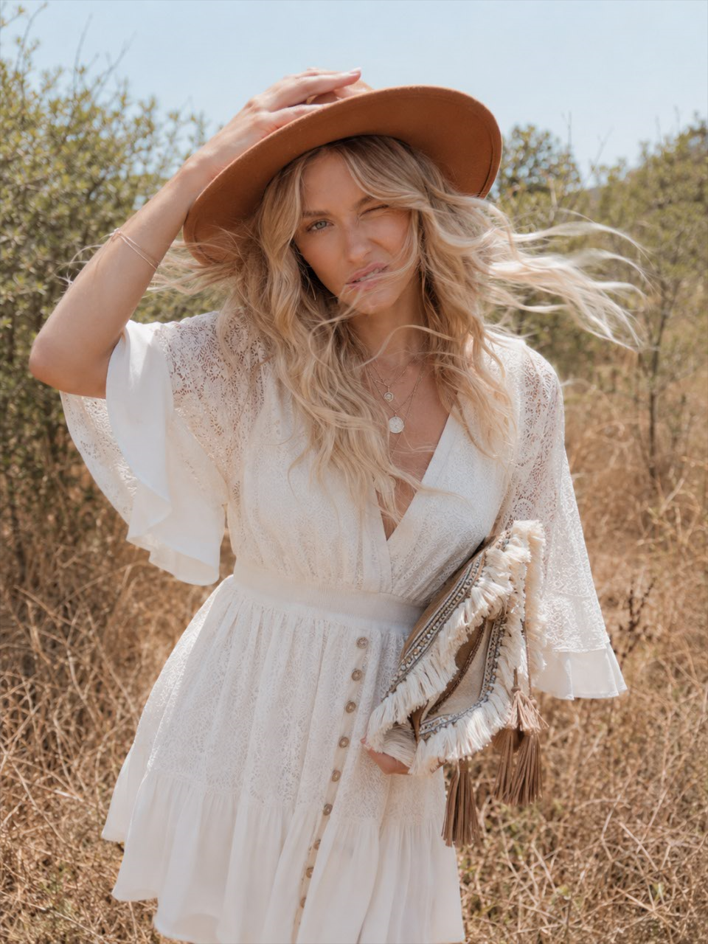 Lace V-Neck Ruffle Mini Boho Dress Main image