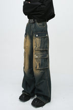 Paneled Multi Pocket Distressed Vintage Cargo Jeans