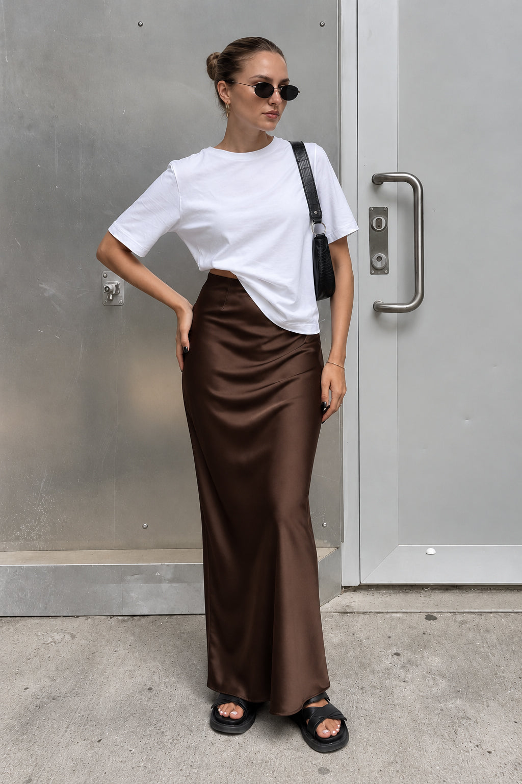 Fashion Elegant Satin Solid Black High Waist Long Skirt