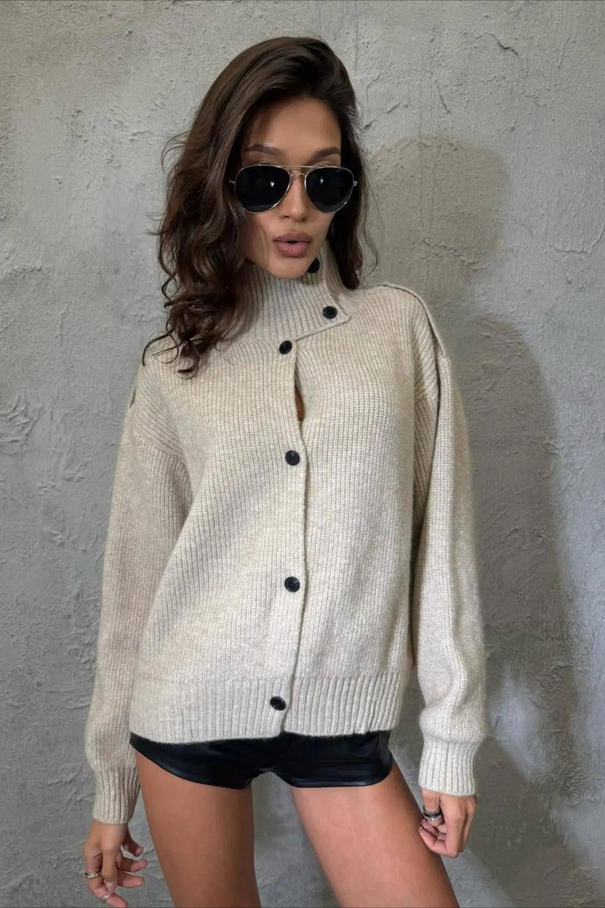 High Collar Button Front Relaxed Cardigan Sweater