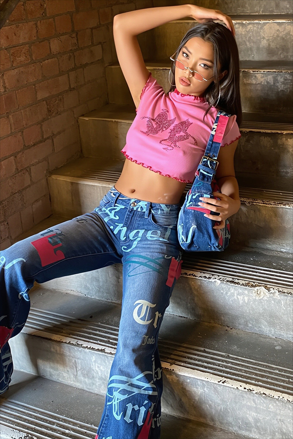 Rhinestone Dragon Lettuce Trim Crop Top