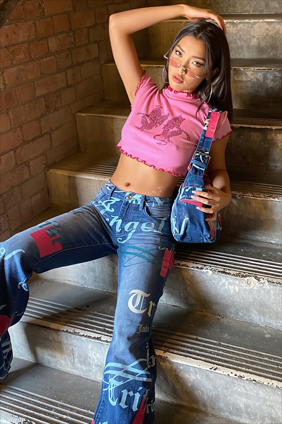 Rhinestone Dragon Lettuce Trim Crop Top