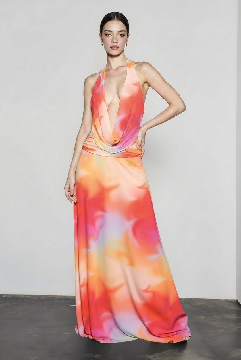 Printed Halter Cowl Neck Bodycon Vacation Dress Secondary image