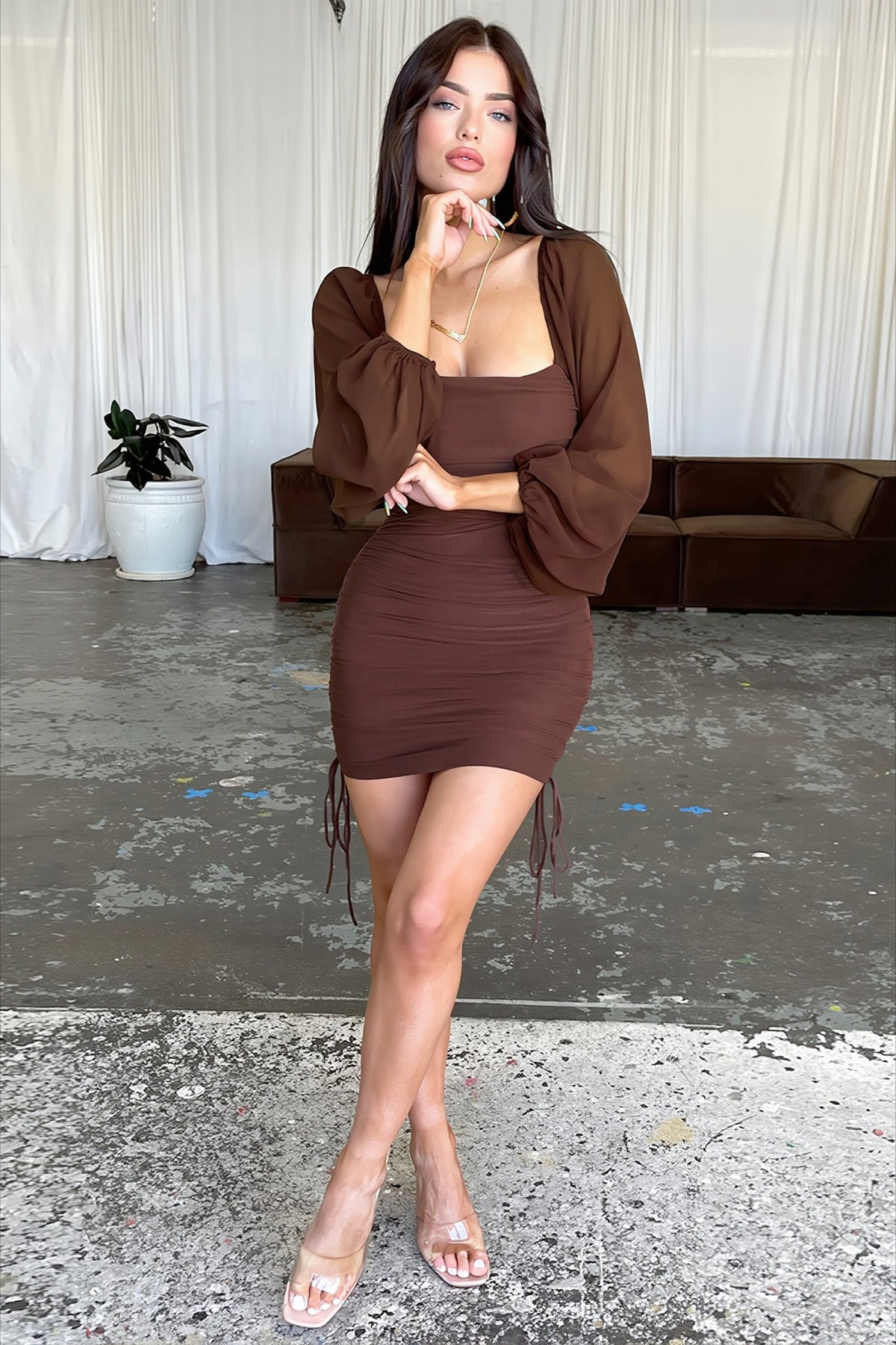Square Neck Ruched Sheer Balloon Sleeve Mini Dress