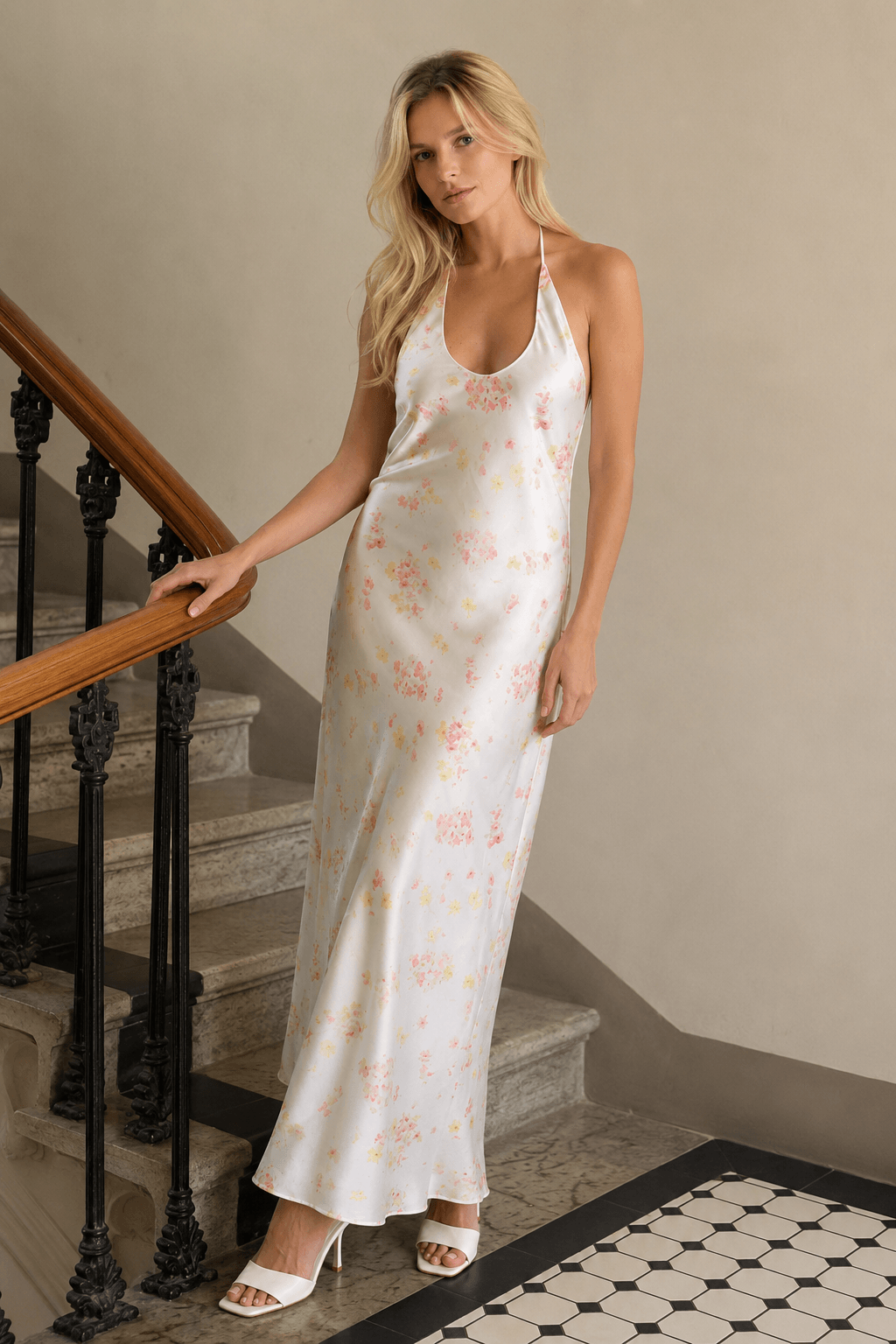 Satin U Neck Halter Backless Slim Floral Dress Main image