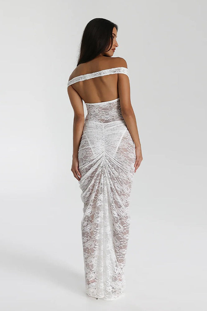 Sleeveless Lace Backless Ruched Bodycon Maxi Lace Dress
