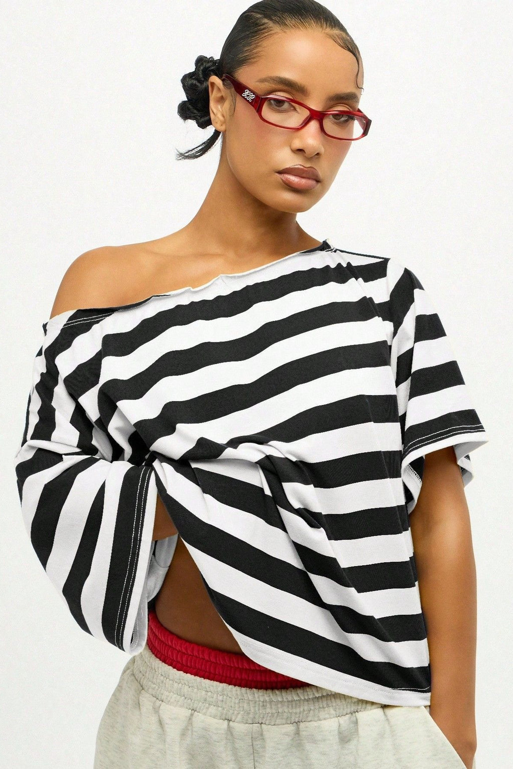 Striped Off Shoulder Oversized Short Sleeve T-Shirt