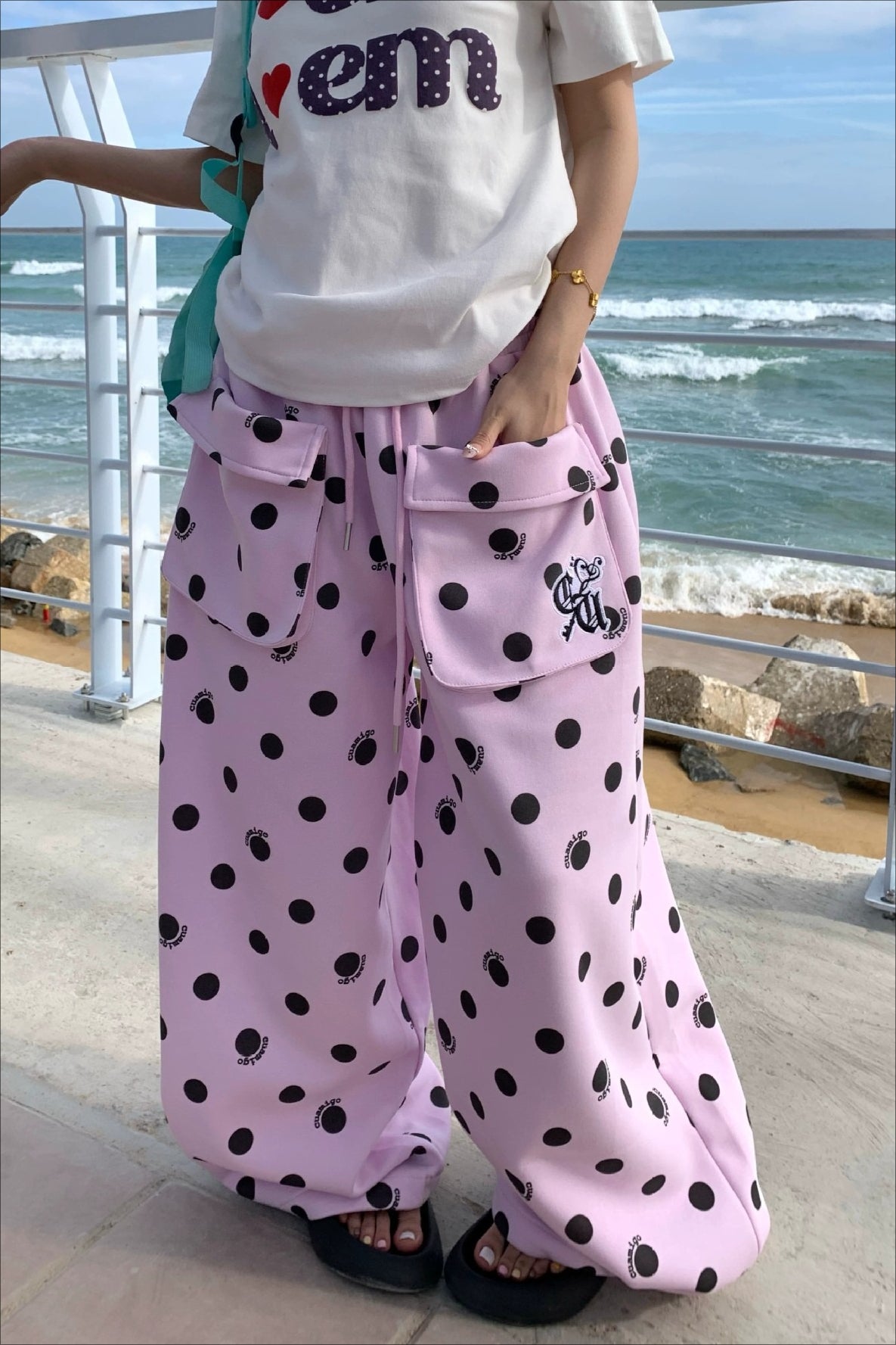 Polka Dot Pocket Wide Leg Pants