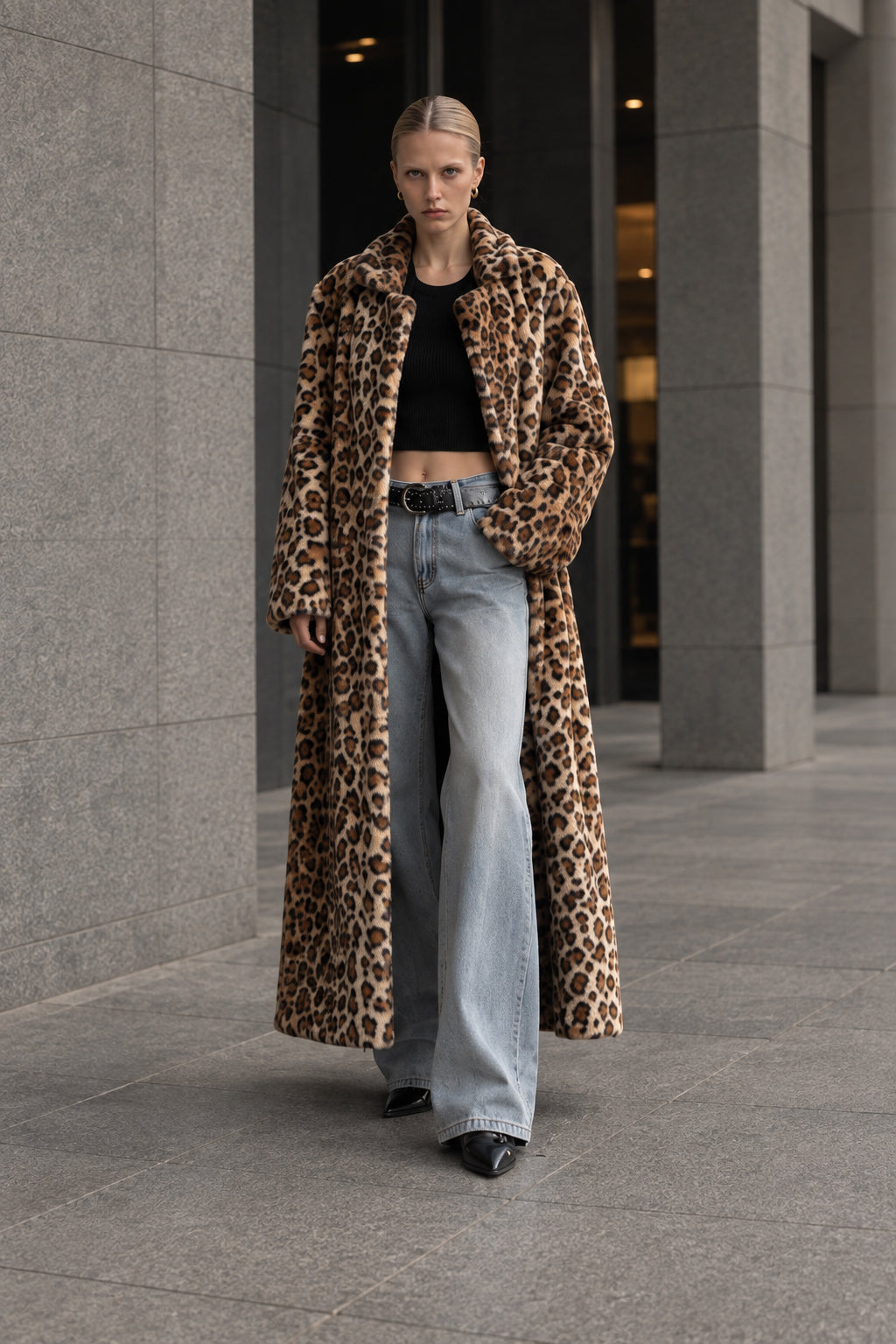 Leopard Print Notched Collar Longline Faux Fur Overcoat