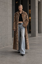 Leopard Print Notched Collar Longline Faux Fur Overcoat
