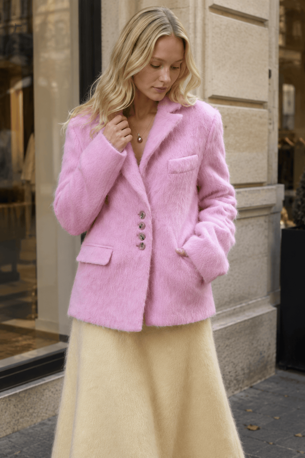 Fashion Pink Lapel Long Sleeves Women Blazer Jacket Loose Overcoats