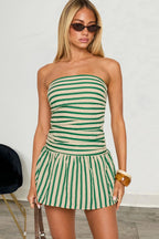 Striped Strapless Ruched Backless Mini Dress