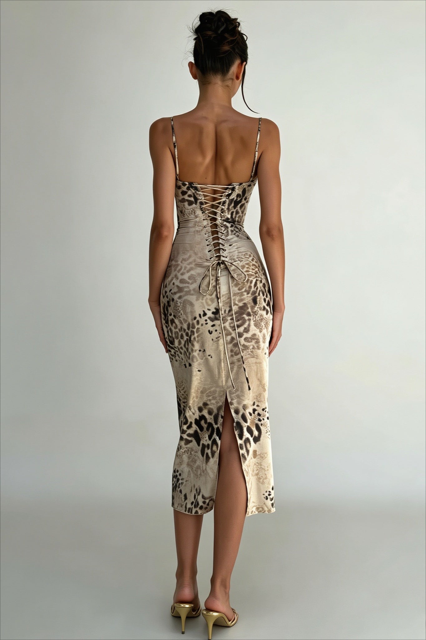 Printed Cami Backless Slit Fitted Midi Dress