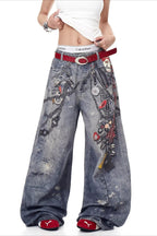 Three Dimensional Chain Print Wide Leg Jeans