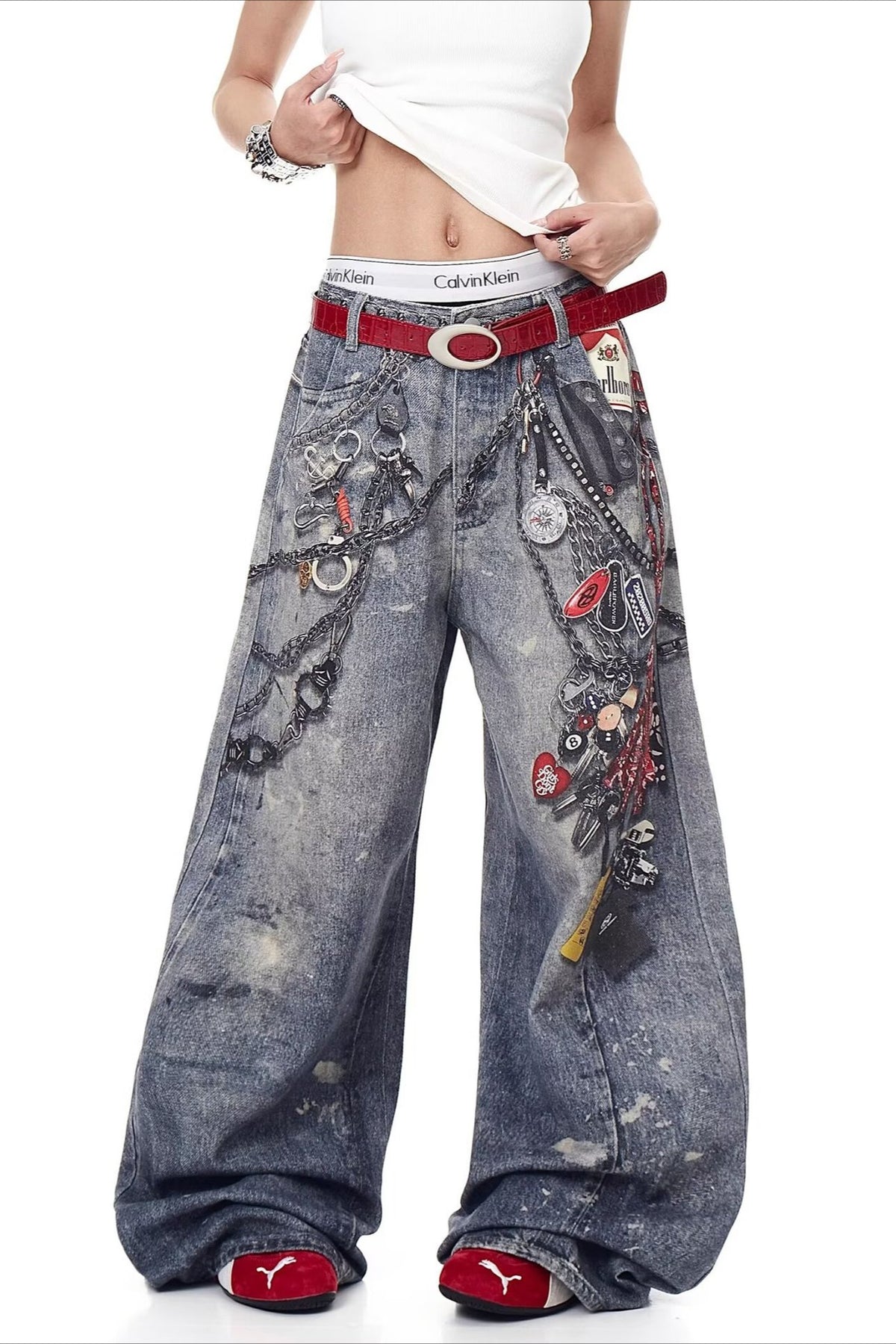 Three Dimensional Chain Print Wide Leg Jeans