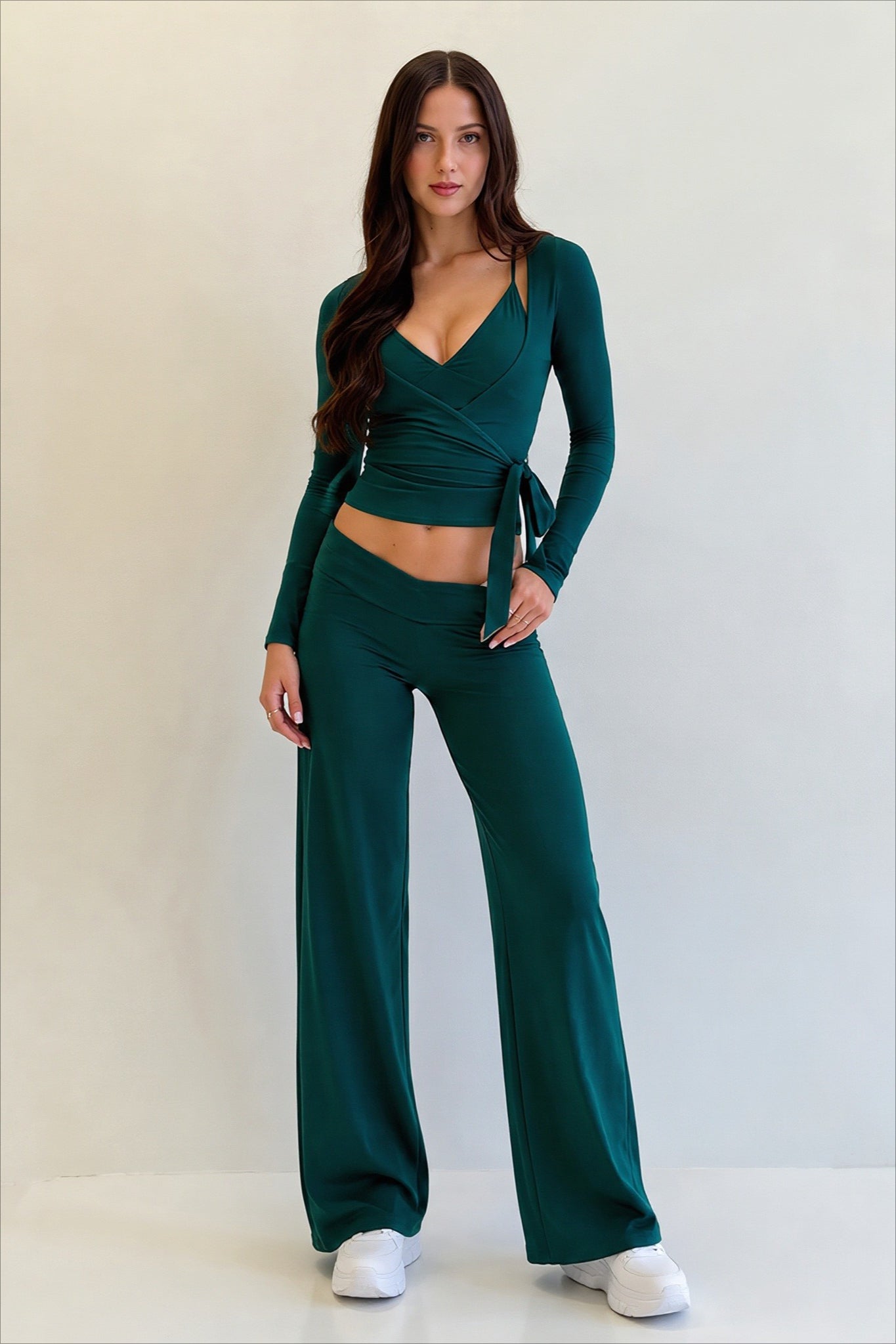 V-Neck Cami Lace-Up Top Pants Three-Piece Set Secondary image