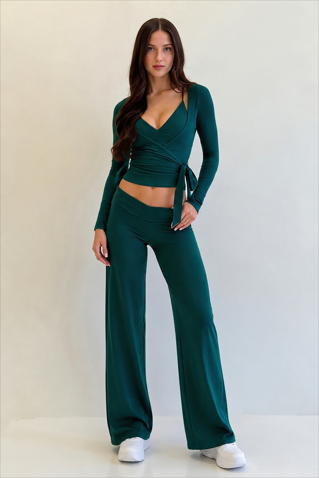 V-Neck Cami Lace-Up Top Pants Three-Piece Set