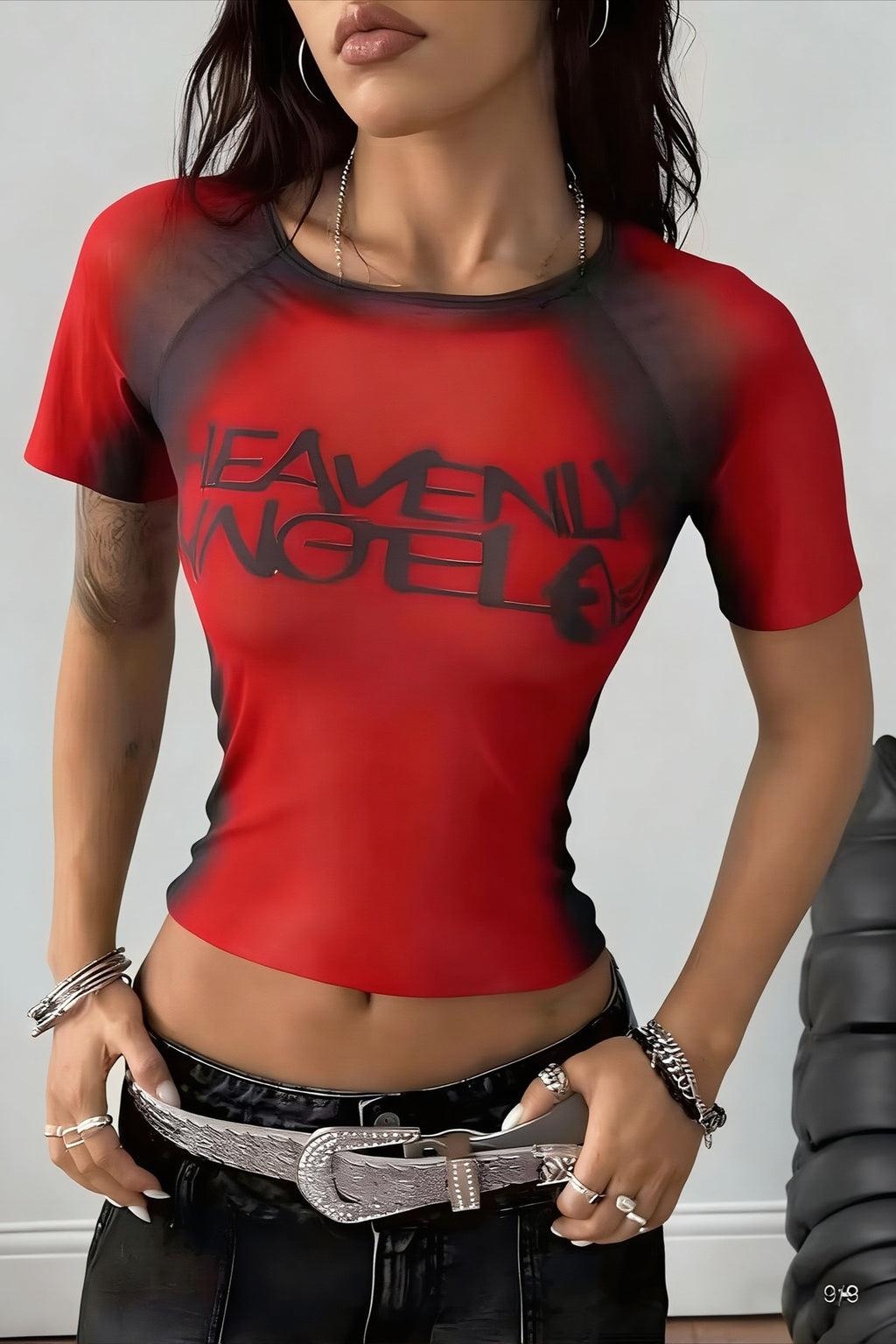 Letter Print Sheer Short Sleeve Crop Top